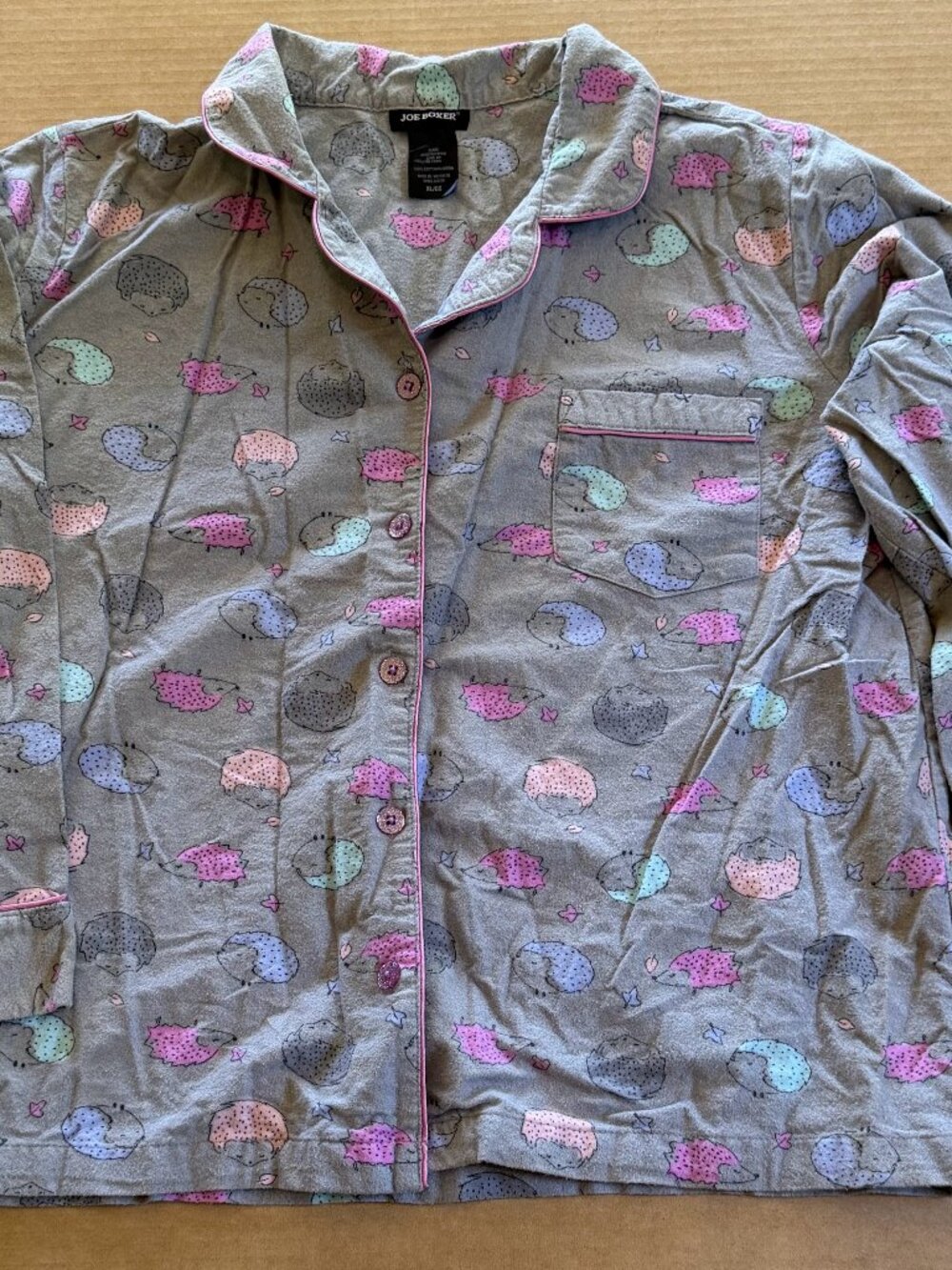 Joe Boxers Women's XL Hedgehog Button Down Pajama Shirt Gray 100% Cotton